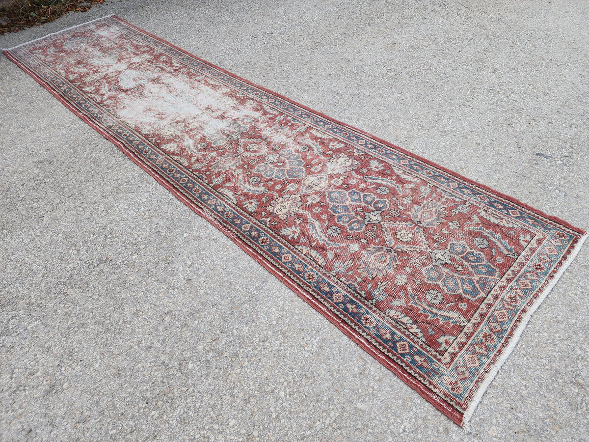 Antique Runner Rug 3x11.5 ft, Turkish Oushak Wool Carpet Faded Red Rug For Living Room Decor