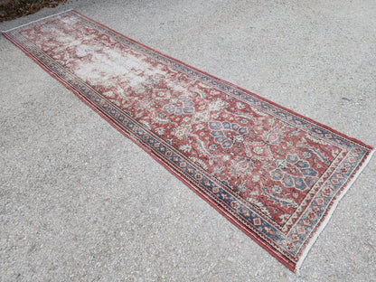 Antique Runner Rug 3x11.5 ft, Turkish Oushak Wool Carpet Faded Red Rug For Living Room Decor