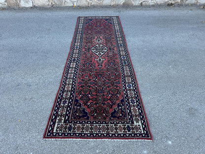 Vintage Wool Runner Rug 3x11: Oriental Hand Knotted, Navy and Faded Red