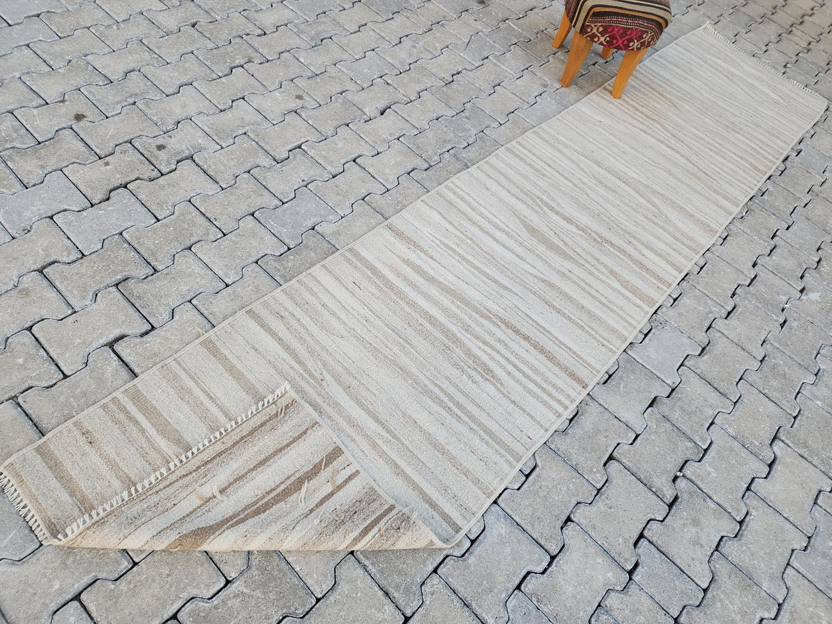 2x11 Neutral Runner Rug, Handwoven Turkish Kilim, Rustic Boho Decor