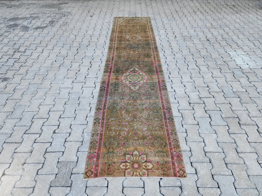 2x12 Vintage Runner: Green Persian Hallway Rug, Hand Made Boho Decor