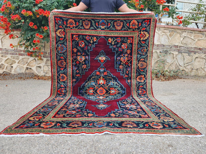 4x6 Vintage Casucacian Rug, 1980s Handmade Wool Carpet, Burgundy Navy Floral Medallion Area Rug
