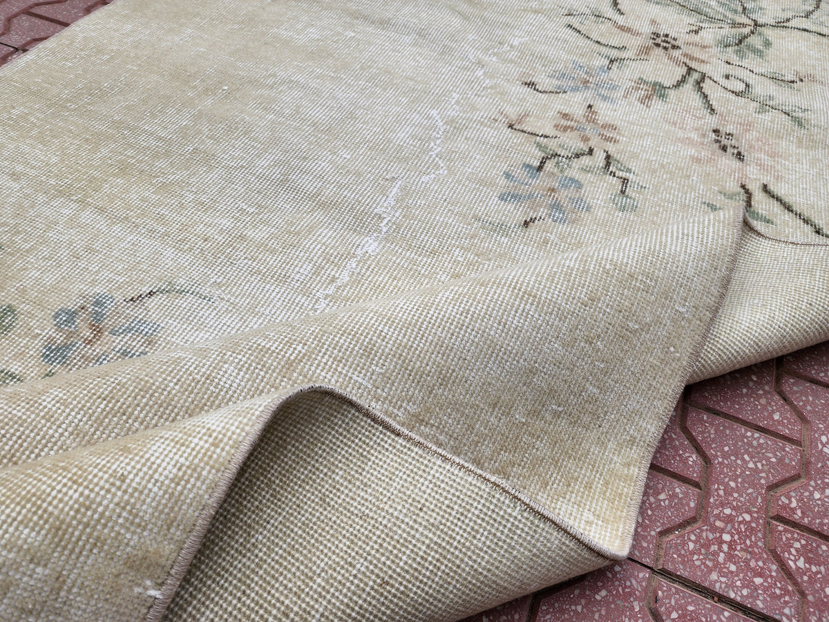 Handwoven Wool Oushak Rug 4x6: Green & Neutral Turkish Design
