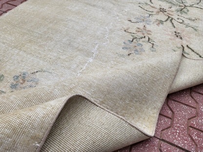 Handwoven Wool Oushak Rug 4x6: Green & Neutral Turkish Design