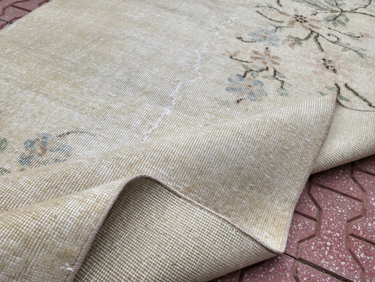 Handwoven Wool Oushak Rug 4x6: Green & Neutral Turkish Design