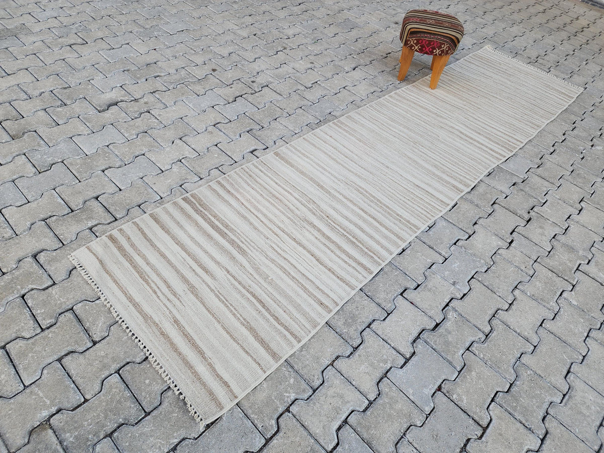 2x11 Handwoven Turkish Kilim Runner Rug: Neutral Wool Farmhouse Rug
