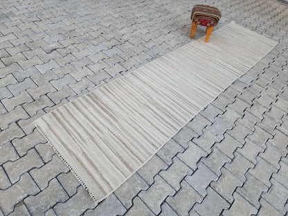 2x11 Handwoven Turkish Kilim Runner Rug: Neutral Wool Farmhouse Rug