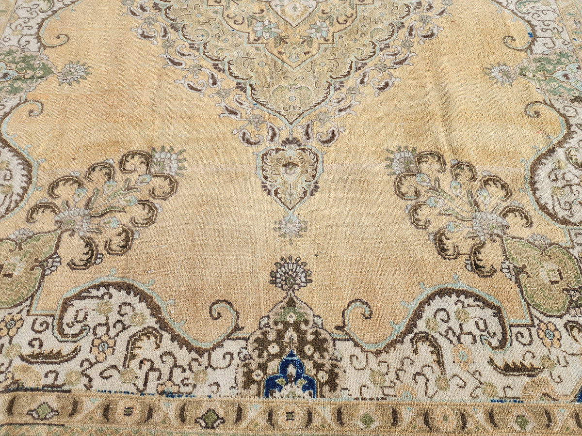 Neutral Rustic Rug 9x12: Medallion Persian Design, Hand Knotted, Rustic Bohemian Decor