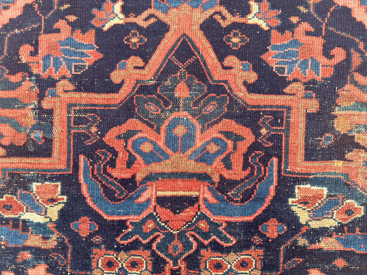 4x9 Antique Rug, 1920s Handwoven Wool Carpet, Patina Blue Collectible Tribal Rug
