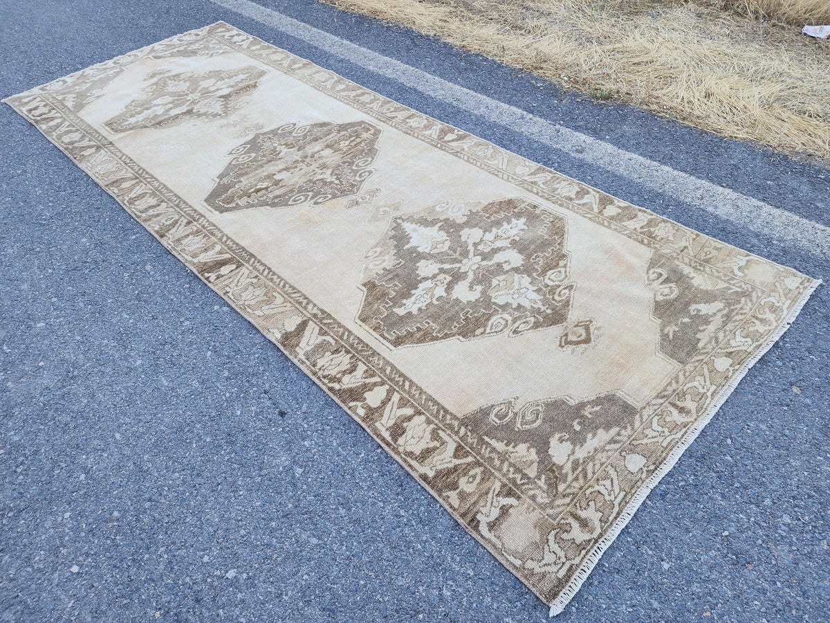 Turkish Runner Rug 4x11.7 ft, Malatya Hand Knotted Up Cycled Wool, Eco Friendly
