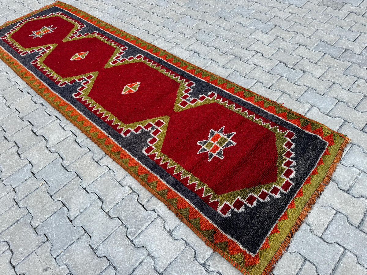 Handwoven Herki Runner Rug: 3x10 Turkish Boho Hallway Decor