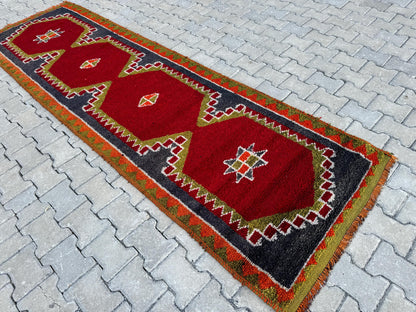 Handwoven Herki Runner Rug: 3x10 Turkish Boho Hallway Decor