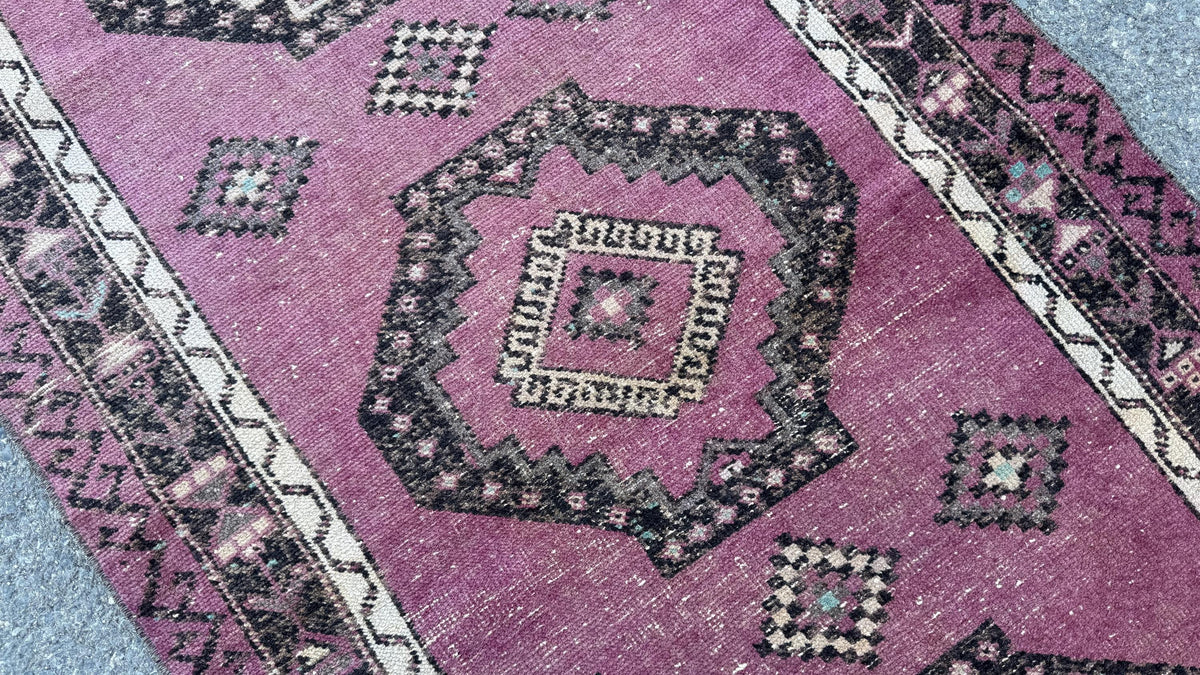 3x12 Purple Wool Runner Rug, Hand Made Rustic Decor, Kitchen Decor