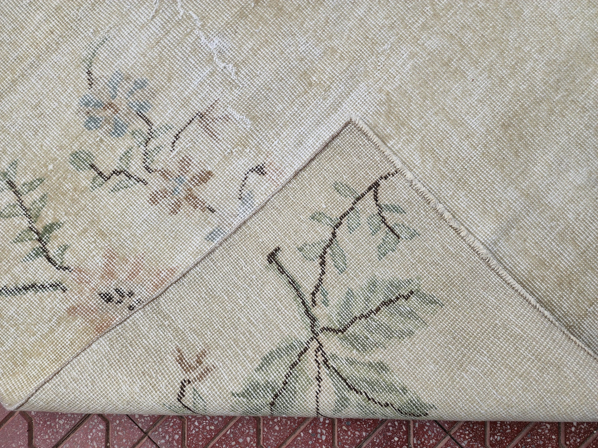 Handwoven Wool Oushak Rug 4x6: Green & Neutral Turkish Design