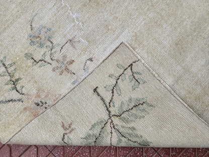 Handwoven Wool Oushak Rug 4x6: Green & Neutral Turkish Design