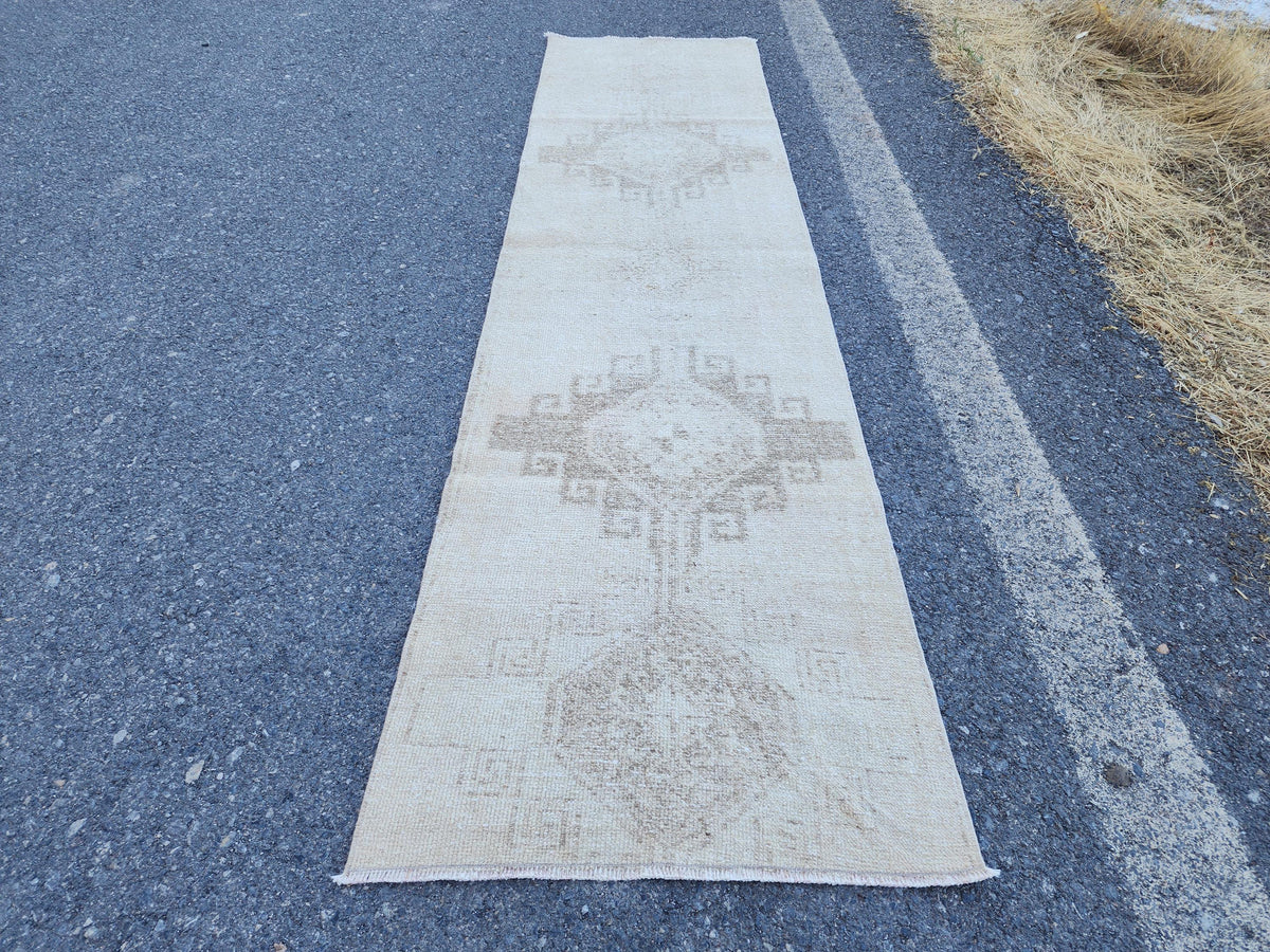 Neutral Turkish Rug 2.5 x 9.7 ft, Bohemian Hand Knotted Rustic Decor, Kitchen Decor