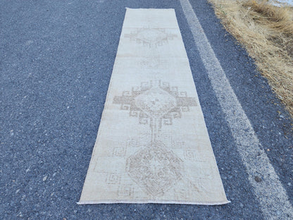 Neutral Turkish Rug 2.5 x 9.7 ft, Bohemian Hand Knotted Rustic Decor, Kitchen Decor