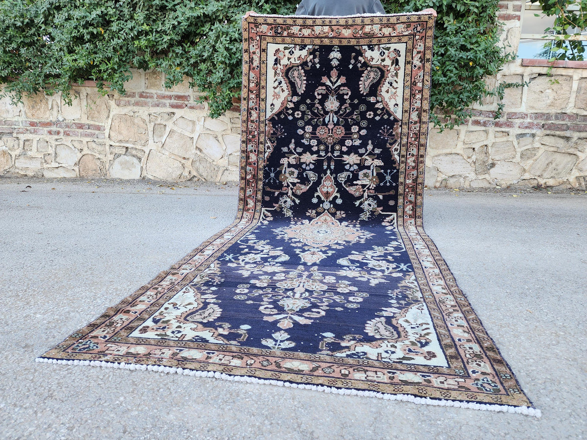 4x9 Hand Made Runner Rug: Navy Blue, Home Rustic Entry Decor