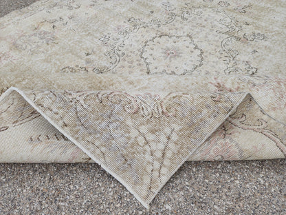 Hand Knotted Wool Oushak Rug 7x10: Beige Rustic Farmhouse Style