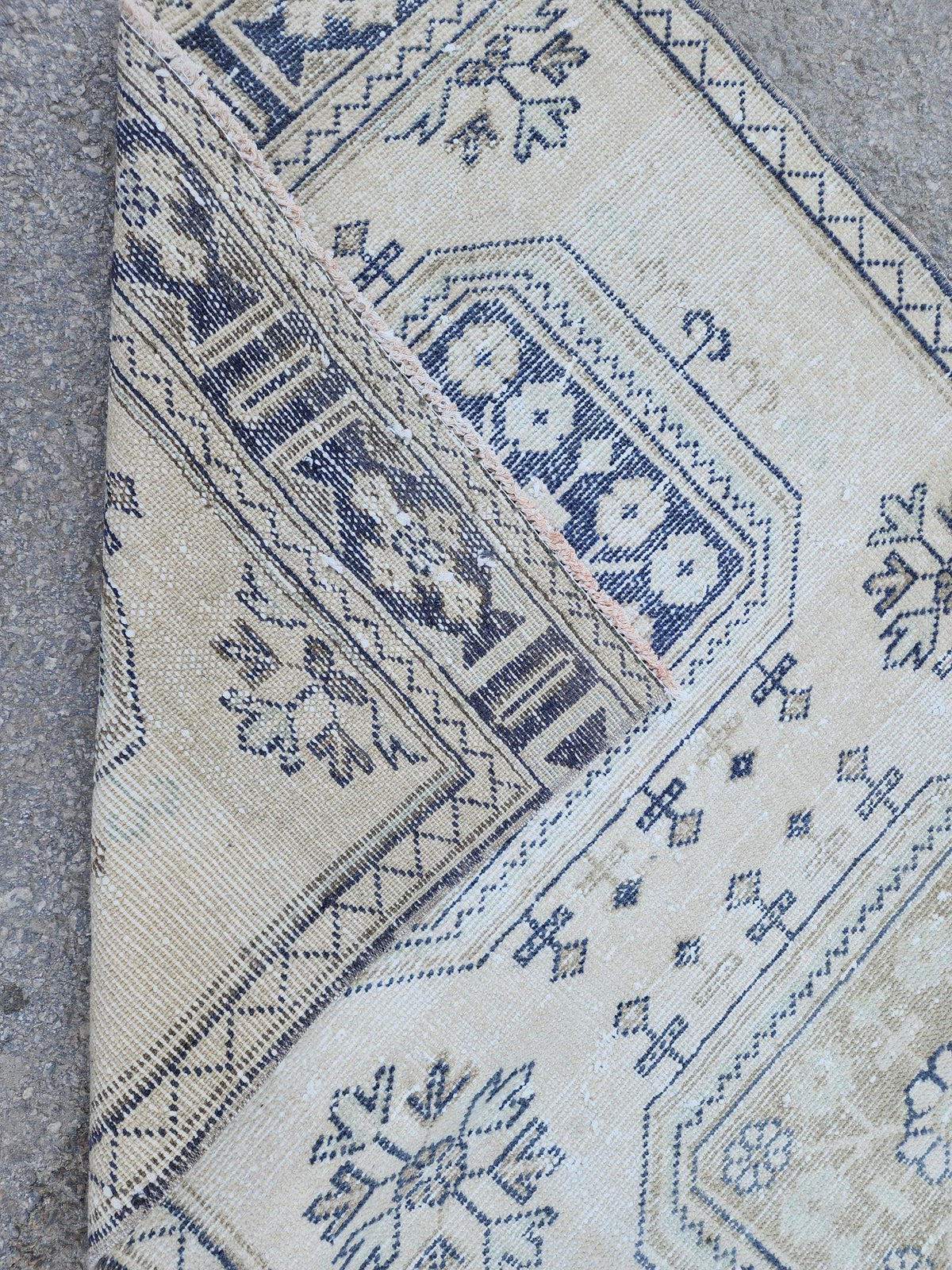 Neutral Geometric Runner Rug 3x10, Turkish Hand Made Rustic Home Decor, Beige and Blue Wool