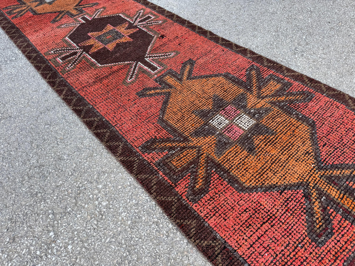 3x9 Geometric Herki Runner: Handwoven Wool in Red and Brown Tribal Design