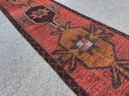 3x9 Geometric Herki Runner: Handwoven Wool in Red and Brown Tribal Design