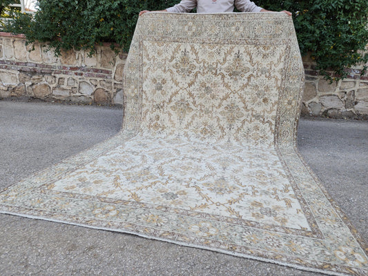 6x9 Vintage Wool Rug, Ivory Turkish Hand Knotted, Rustic Farmhouse Decor