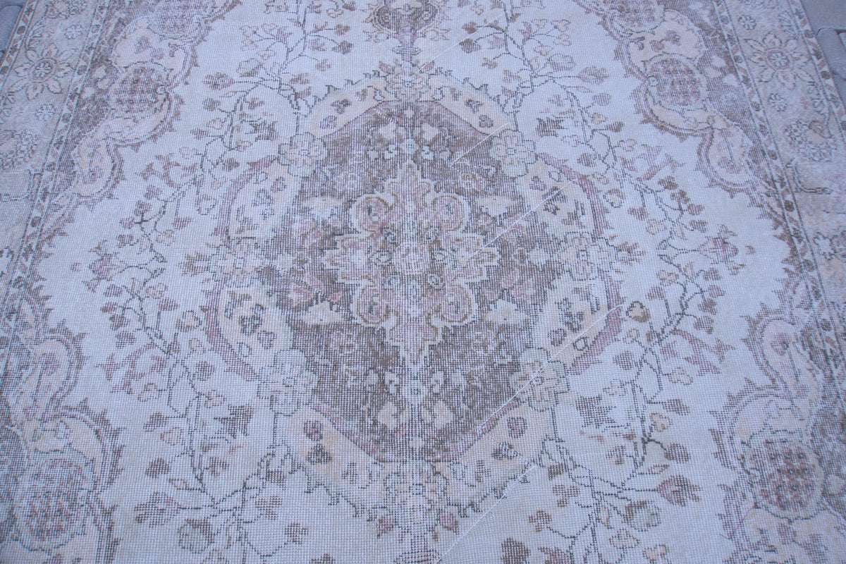 7x10 Neutral Area Rug, Bohemian Home Decor, Oriental Wool Beige and Green Carpet