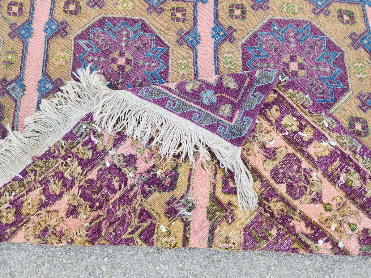 Vintage Soumak Kilim 7x11: Hand Knotted, Green and Purple