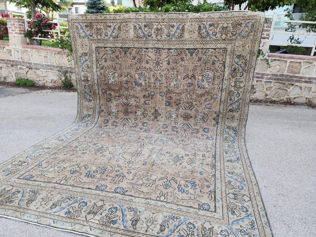 Oversized Brown Wool Oriental Rug 9x13: Hand-Knotted Farmhouse Style