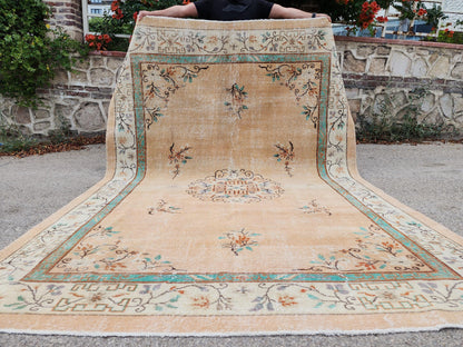 Oushak Rug 7x10, Hand Knotted Turkish Wool Carpet, Living Room Rustic Decor