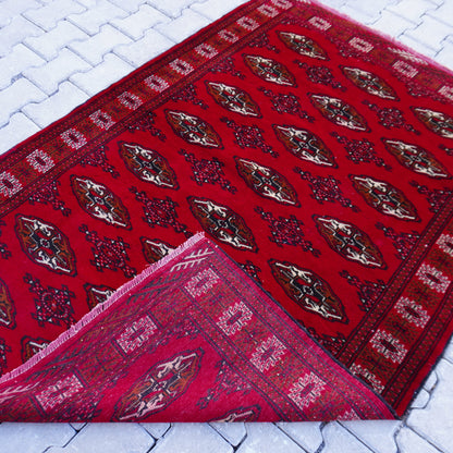 4x6 Vintage Turkmen Rug: Hand-Knotted Wool, Red Accent Rug