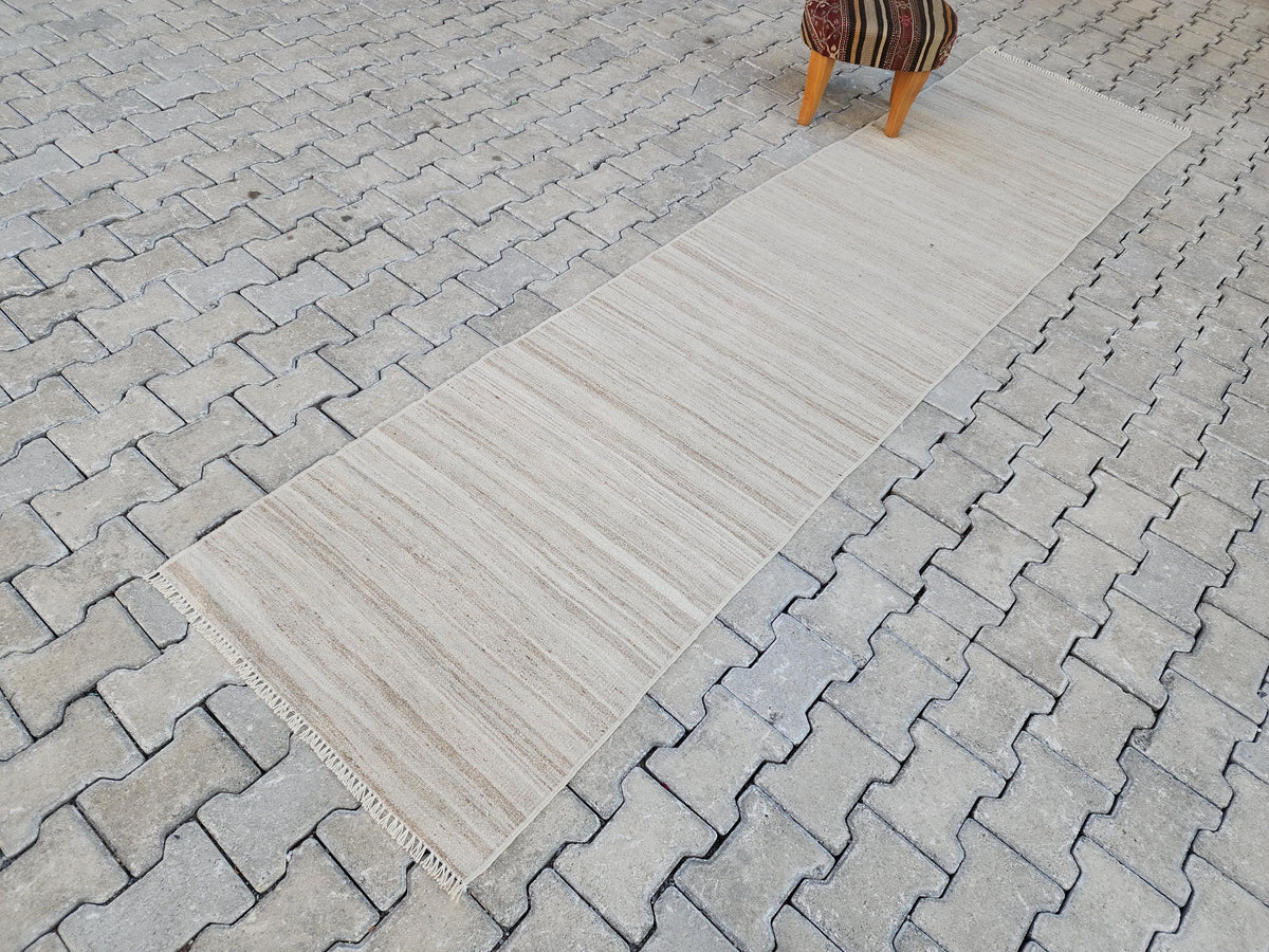 Vintage Neutral Kilim Runner Rug 2.7x11, Handwoven Wool Hallway Rug
