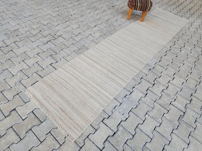 Vintage Neutral Kilim Runner Rug 2.7x11, Handwoven Wool Hallway Rug