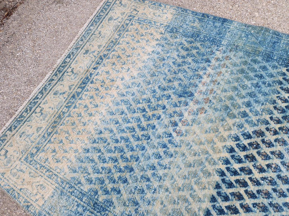 Handwoven Turkish Wool Rug 4x7: Blue Rustic Farmhouse Decor