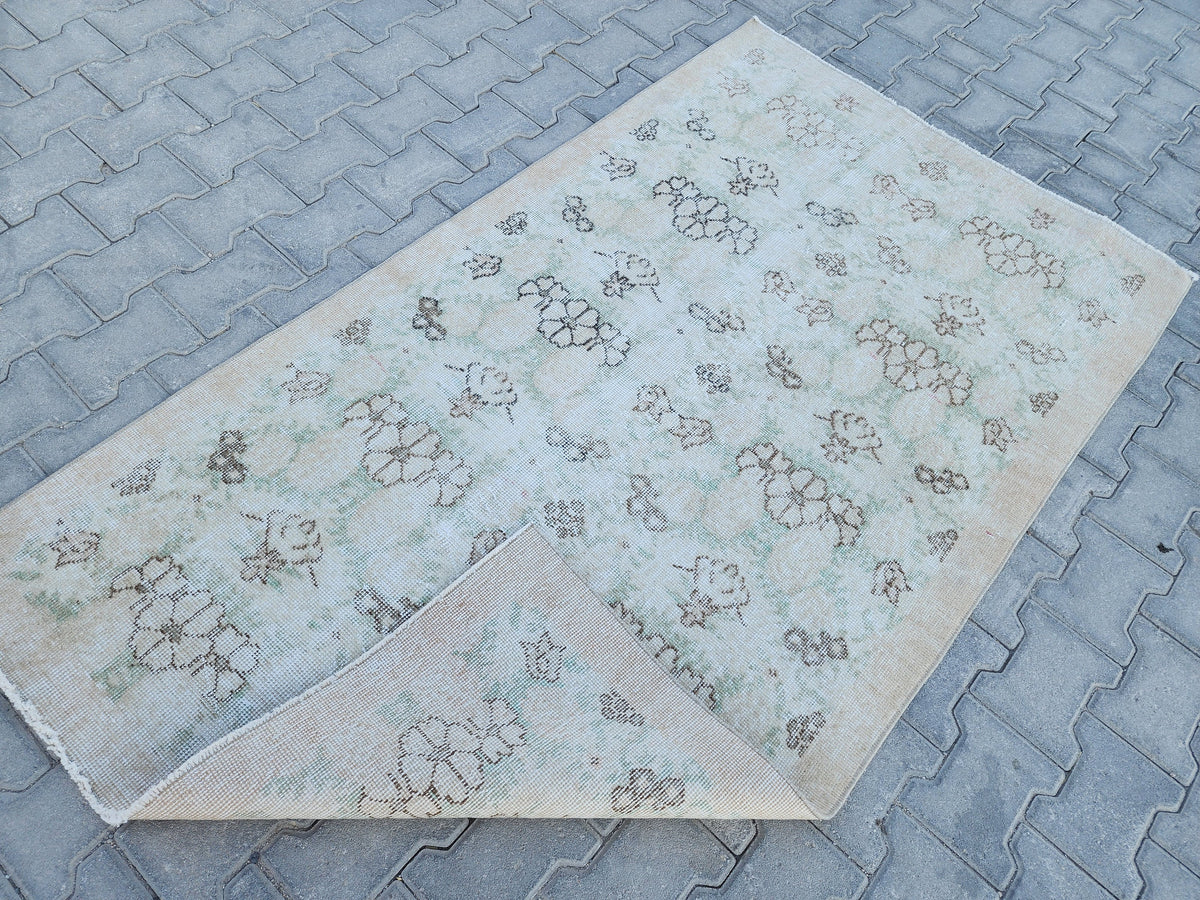 Handwoven Turkish Oushak Rug 4x6: Green Wool & Cotton Vintage Rug