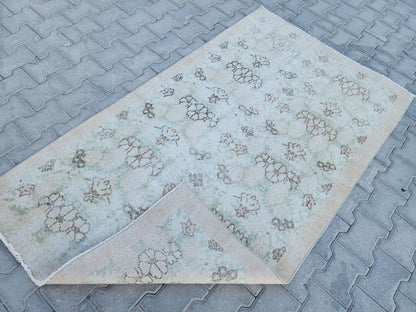 Handwoven Turkish Oushak Rug 4x6: Green Wool & Cotton Vintage Rug