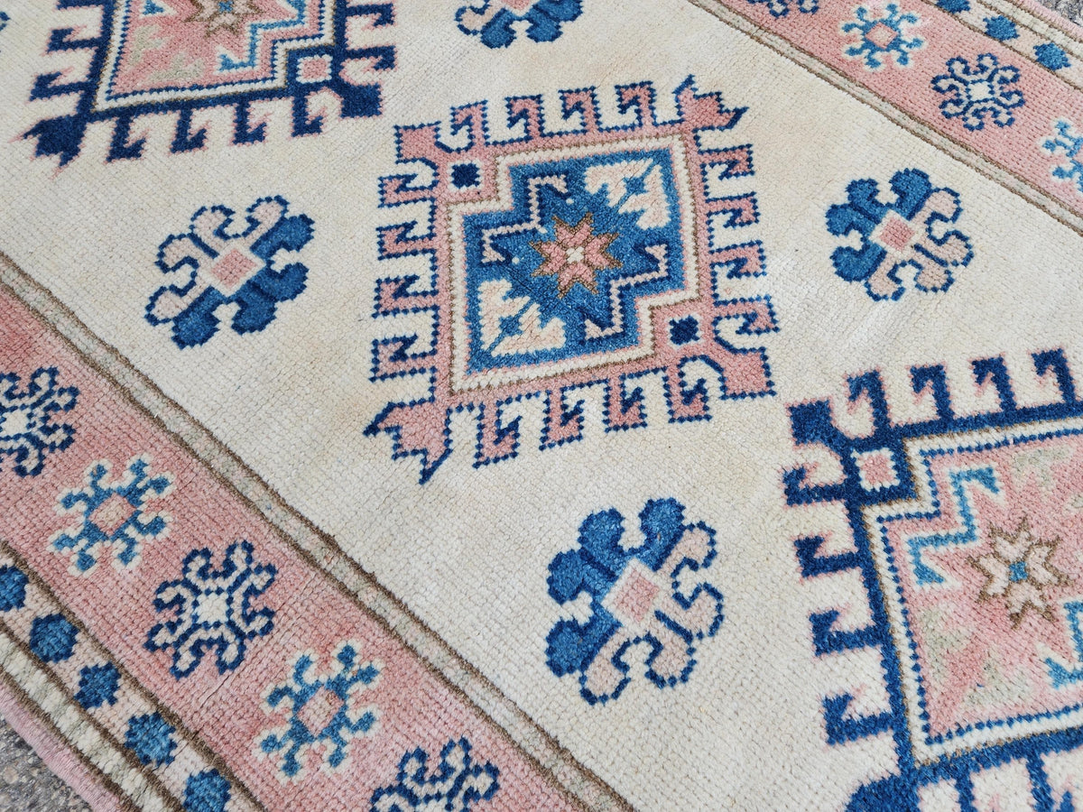 3x5 Anatolian Rug, Bohemian Turkish Hand Made Wool Carpet, Beige and Blue Color