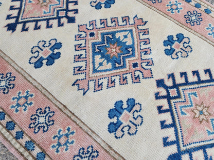 3x5 Anatolian Rug, Bohemian Turkish Hand Made Wool Carpet, Beige and Blue Color