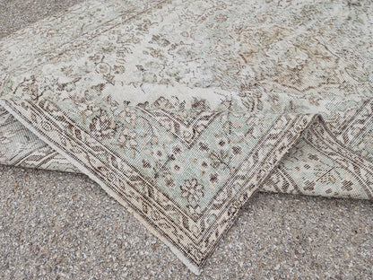 Hand Knotted Turkish Rug 6x10: Neutral Beige Wool Oushak Rug