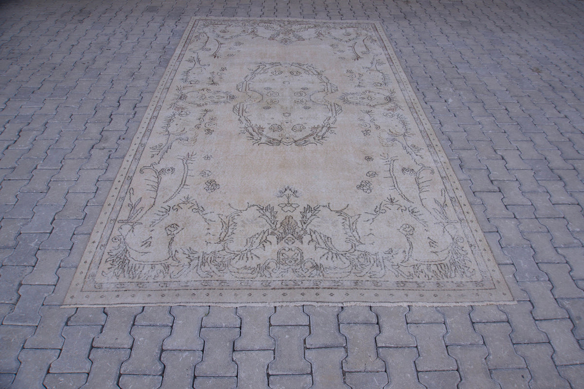 Handwoven Neutral Rug 7x11: Beige & Gray Wool, Oriental Design, Home Decor