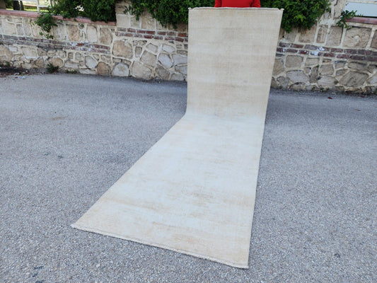 3x11 Neutral Muted Runner Rug, Hand Knoted Rustic Decor, Eco Friendly