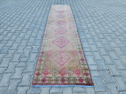 3x11 Hand Made Rustic Rug, Turkish Wool Runner Rug, Hallway Design