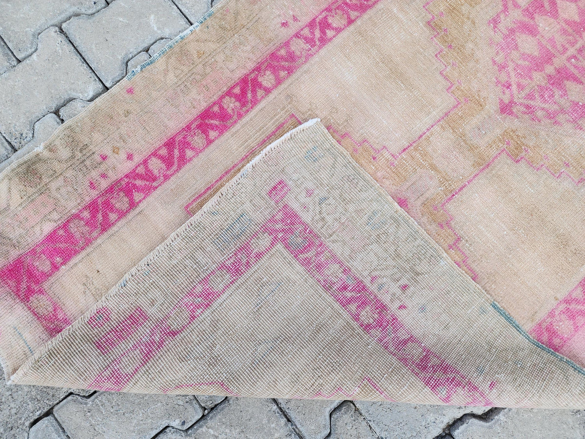 Vintage Pink Wool Oushak Runner Rug - 3x9 Oriental Entryway Rug