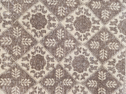 3x7 Vintage Area Rug, Brown Geometric Design Carpet, Hand Made Turkish Wool