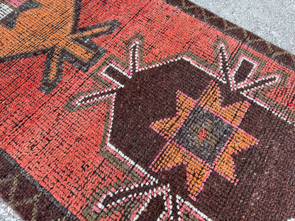 3x9 Geometric Herki Runner: Handwoven Wool in Red and Brown Tribal Design