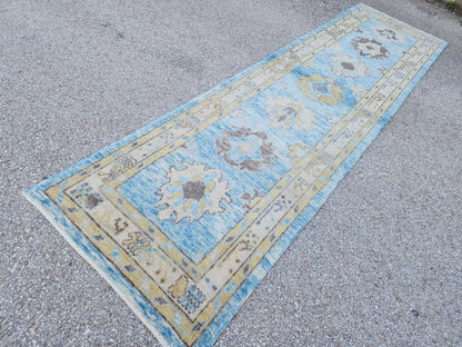 Oushak Wool Runner 3x11: Patina Blue Turkish Entry Rug, Oriental Home Decor