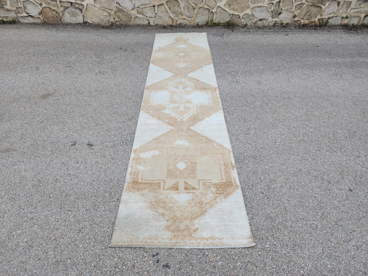 3x13 Hand-Knotted Turkish Wool Runner Rug, Neutral Hallway & Entryway Rug