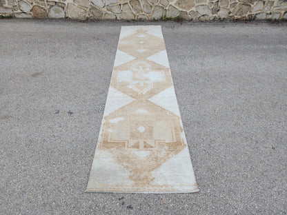 3x13 Hand-Knotted Turkish Wool Runner Rug, Neutral Hallway & Entryway Rug