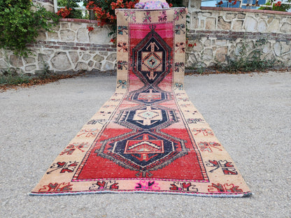 Turkish Runner Rug 3x11, Brown and Pink Color Hallway Carpet, Home Rustic Decor